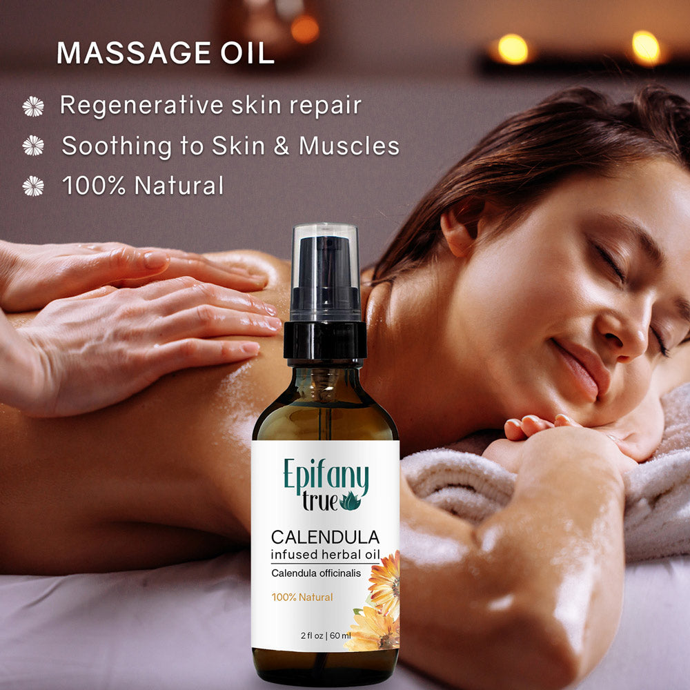 Epifany True 100% Natural Calendula Oil 2oz soothing muscle massage oil and regenerative skin repair.