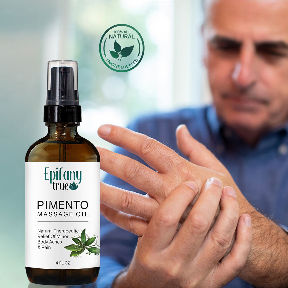 Epifany True 100% Natural Pimento Massage Oil 4oz used to ease carpal tunnel symptoms and other body pain.