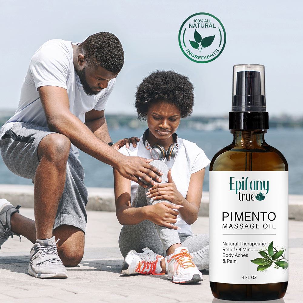 Epifany True 100% Natural Pimento Massage Oil 4oz traditionally used to ease sports injuries.