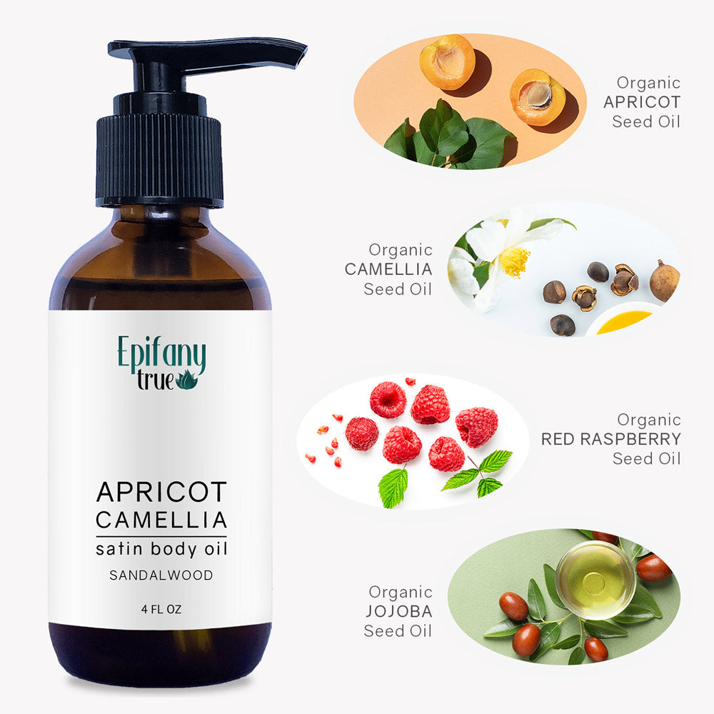 Epifany True Apricot and Camellia Satin Body Oil 4oz ingredients infographic