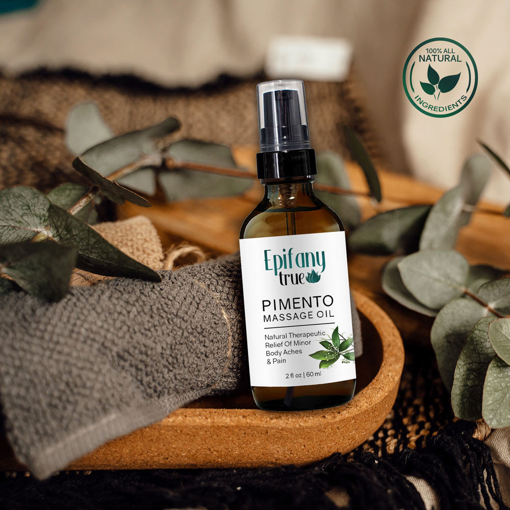 Epifany True 100% Natural Pimento Massage Oil 2oz for regular self-care and reflexology massage.