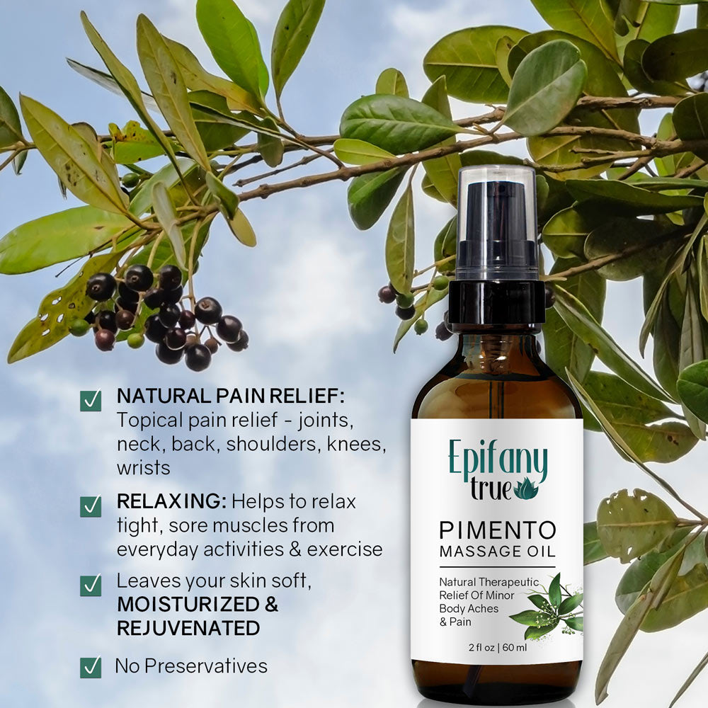 Epifany True 100% Natural Pimento Massage Oil 2oz features and benefits