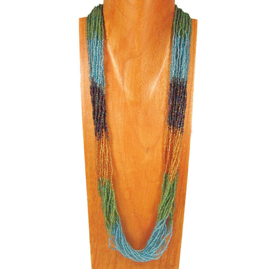 32 inch Multi Strand Glass Beaded Green Peacock Color Block Style Handmade Necklace