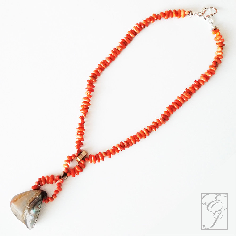 Abalone and Orange Coral Necklace 16 inches