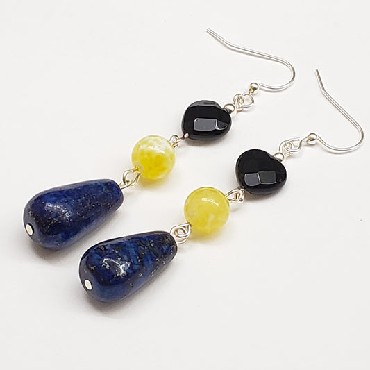 Barbados-Inspired Lapiz Lazuli Yellow Quartz and Onyx Heart Earrings with Silver Tone Findings