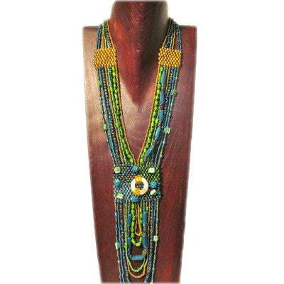 Bella Peacock Turquoise Green Gold Black Handmade Necklace 18 inches long