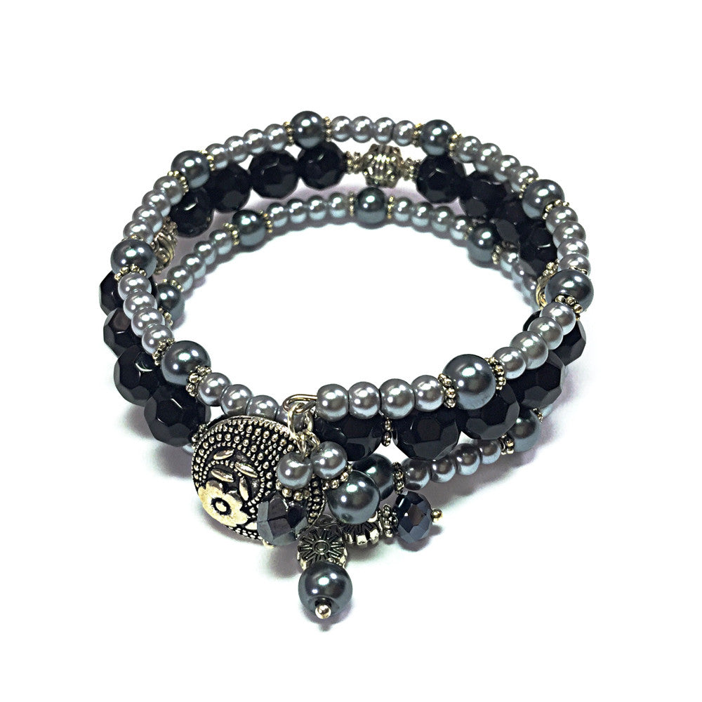 Black and Silver Bohemian-Style Beaded Wrap Bracelet