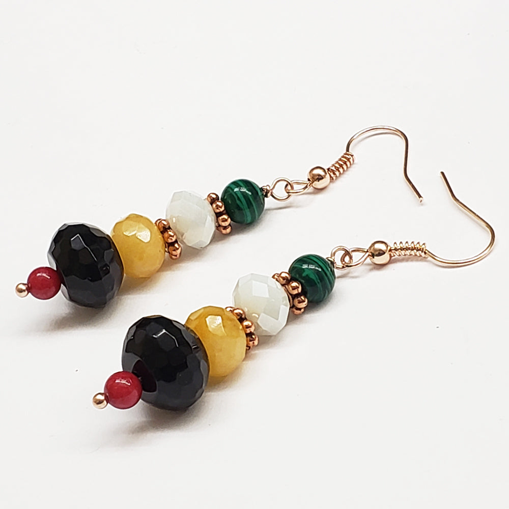 Guyana-Inspired Faceted Black Onyx Red Coral Malachite Quartz and Crystal Earrings with Rose Gold Findings
