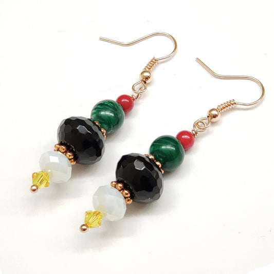 Guyana-Inspired Faceted Black Onyx Red Coral Malachite and Crystal Earrings with Rose Gold Findings