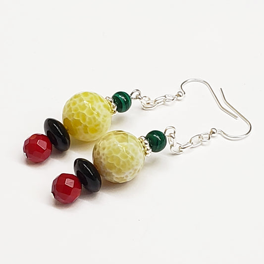 Guyana-Inspired Red Coral Yellow and White Quartz Malachite Earrings with silver tone findings
