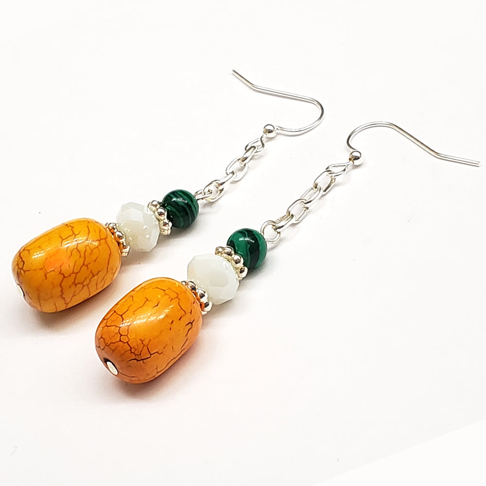 India-Inspired Yellow Howlite Malachite glass Earrings with Silver Tone Findings