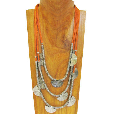 Rikki Faux Silver and Orange Nylon Beaded Handmade Necklace 22 inches
