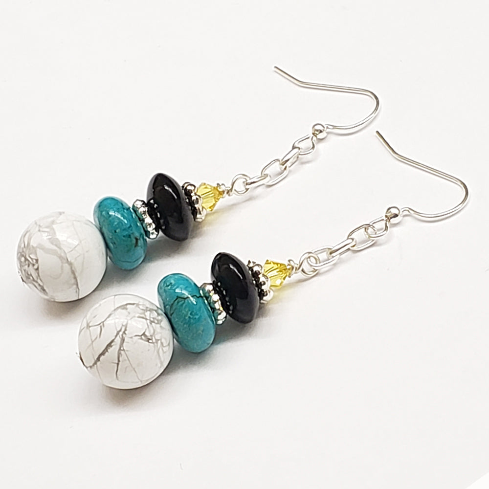 St. Lucia-Inspired White Howlite Turquoise Black Glass Earrings with Silver tone chain and Findings