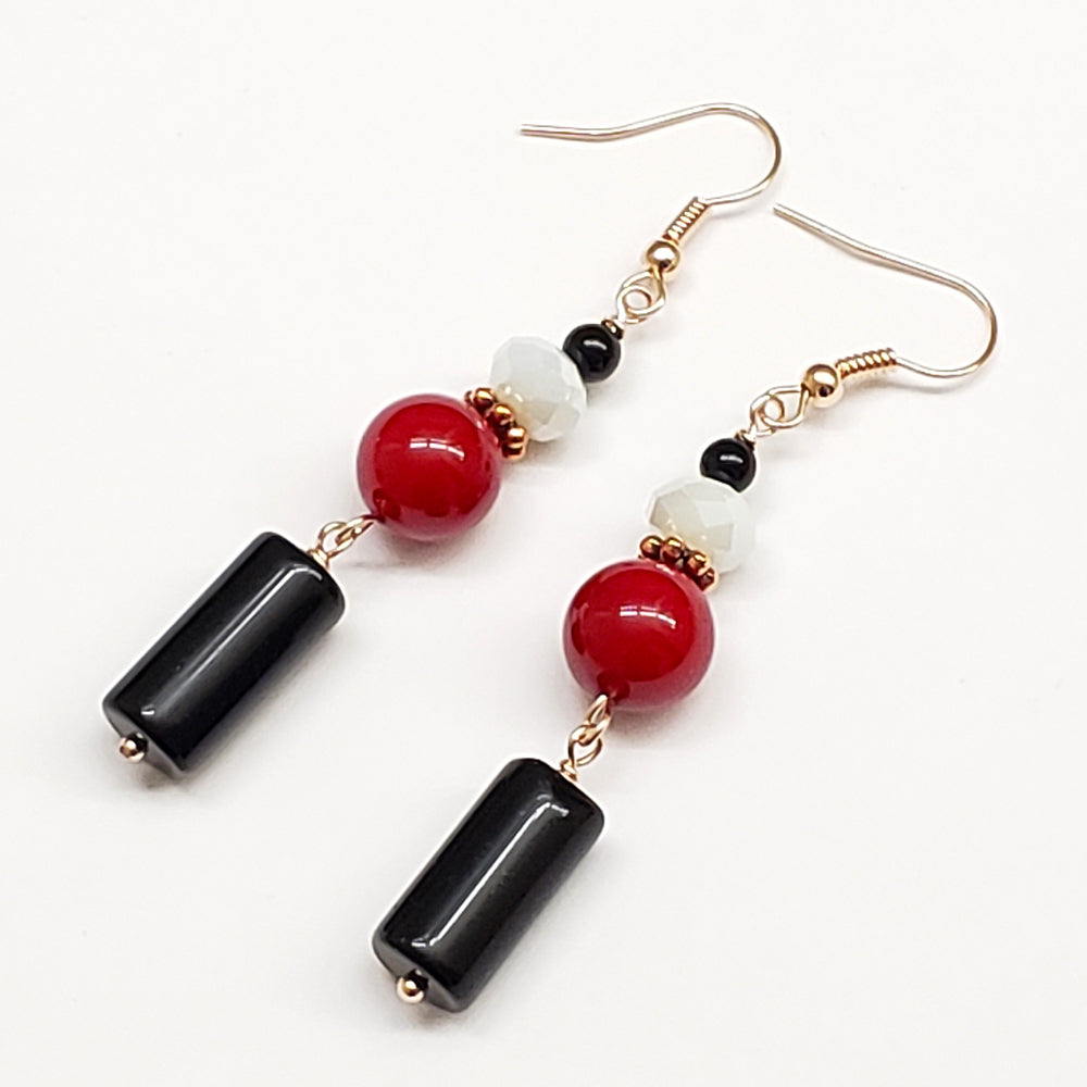 Trinidad-Inspired Black Onyx Red Coral and Crystal Earrings with Rose Gold Findings