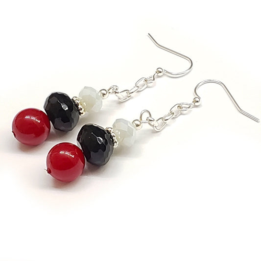 Trinidad-Inspired Red Coral Black Onyx Crystal Earrings with chain and silver tone findings