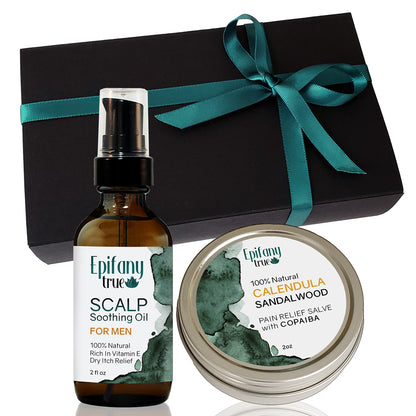 Epifany True Scalp Soothing Oil 2oz and Calendula & Sandalwood Pain Relief Salve with Copaiba 2oz Bundle